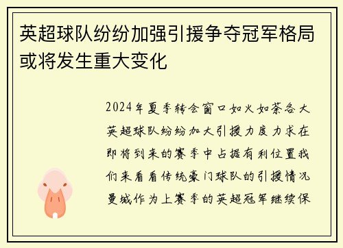 英超球队纷纷加强引援争夺冠军格局或将发生重大变化
